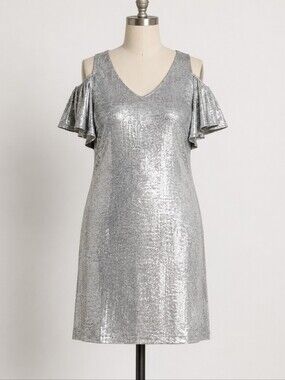 MSK Metallic Cold Shoulder Flutter Sleeve Dress XL Silver